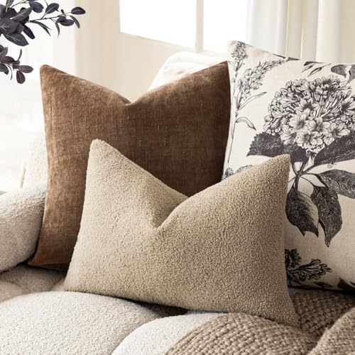 Image of Foindtower Pack of 2, Curly Faux Fur Decorative Throw Pillow Covers Soft Fuzzy Plush Cushion Case with Zipper Cozy Pillowcase for Home Living Room Couch Bed Sofa 12 x 20 Inch,Taupe Khaki Camel