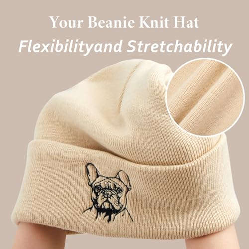 Geyoga Warme Weiche Wintermütze Winter Beanie Mütze Strickmütze mit Stickerei Kalte Mütze mit Hundestickerei Geschenk Strickmütze für Hundebesitzer(Beige,Französischer Hund)