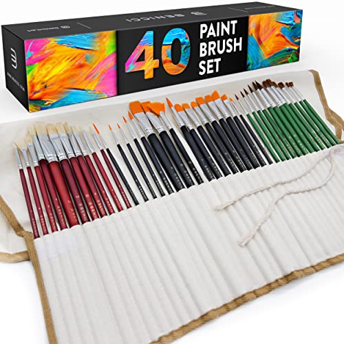Professional Artist Paint Brush Set Of 40 With Storage Case - Includes Round And Flat Art Brushes With Hog, Pony, And Nylon Hair Bristles - Perfect For Acrylics, Watercolor, Gouache, Oil And Fabric #TOP1