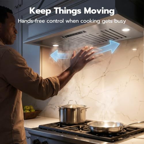 Image of 36 inch Insert Range Hood 900 CFM, with Gesture & Touch Control | Quiet, Stainless Steel, Baffle Filters, LEDs, Ducted /Ductless Convertible, Delay Shut-off