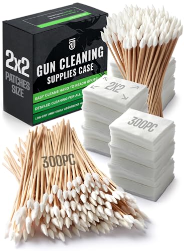 600pc Gun Cleaning Supplies Case - 300pcs Gun Cleaning Patches and 300pcs Gun Cleaning Swabs - 6-inch Gun Swabs Lint Free 2x2 Inch Highly Absorbent Gun Patches - Gun Cleaning Kit Supplies