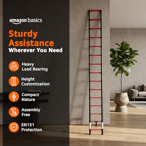 Image of Amazon Basics 4.4 m (14.45 ft) Compact Alloy Steel Telescopic Ladder | 15-Step Extendable & Foldable | Portable Multipurpose