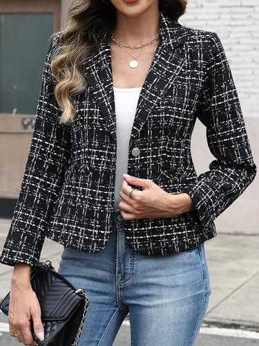 ELLEVEN Women's Tweed Blazer,2 Button Long Sleeve Jacket Slim Fit Business Suit with Pockets4