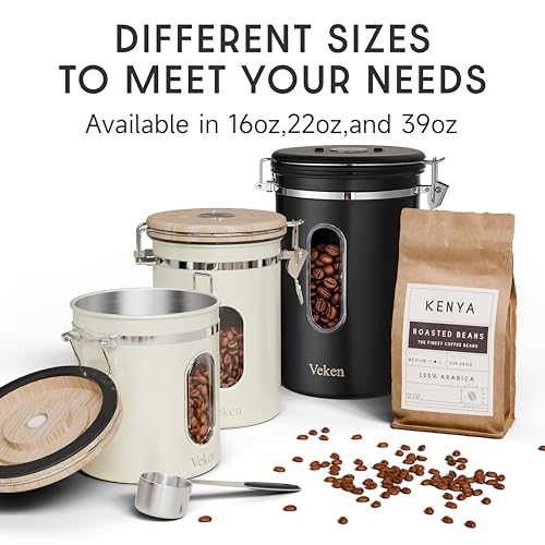 Image of Veken Coffee Canister with Window, Airtight Stainless Steel Container, 16OZ | Date Tracker,Kitchen Food Storage Organizers for Beans, Ground, Espresso, Rice,Tea, Sugar,Cereal, Gifts,Lids,Jars,Scoop,Cream