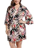 Damen Morgenmantel Kimono Satin Kurz Große Größen Nachtwäsche Bademantel Robe Schlafanzug Mit Blumen Schwarz XL