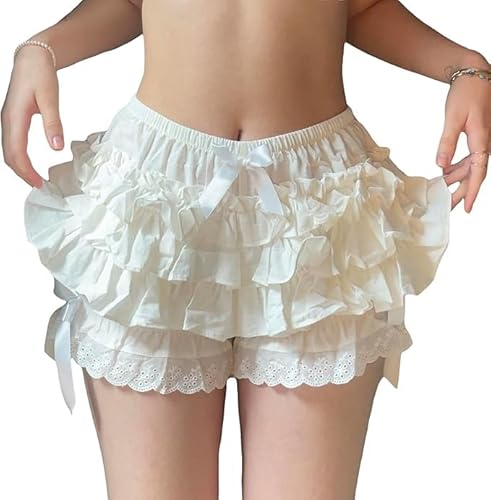 Women Ruffle Shorts Y2k Lace Trim Cute Lolita Bloomer White M