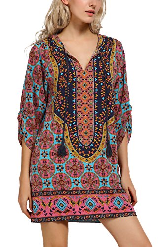 Image of Women Bohemian Neck Tie Vintage Printed Ethnic Style Summer Shift Dress