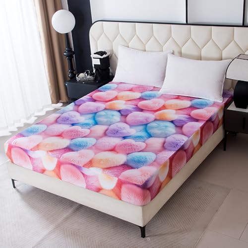 Image of Bedding Fitted Sheet with Deep Pocket,3D Pattern Sweet Heart Printed Fabric Bed Sheets (Pink Heart, Full)