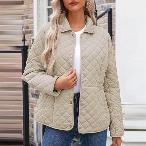 Damskie lekkie pikowane kurtki luźna moda na co dzień okrągły dekolt guziki kurtka puchowa zimowe ciepłe płaszcze outdoorowe, BEŻOWY, M