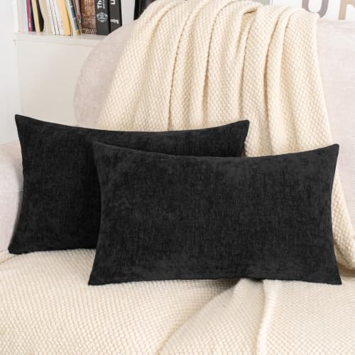 HWY 50 Decorative Chenille Throw Pillow Covers Black 12x20 Inch Pack of 2