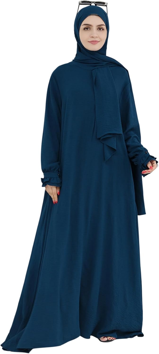 Women Muslim Dress Middle East Arabian Robe Islamic Modest Dress with Hijab Scarf Lace Sleeve Flowy Abaya Dress - Image 2