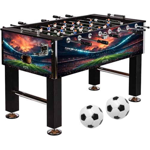 GAMES PLANET® Kickertisch Leeds - 140x73x87cm, Höhenverstellbar, 4 Bälle, 2 Getränkehalter, Torzähler, Stadion-Design - Tischkicker, Kicker, Tischfussball für Kinder und Erwachsene