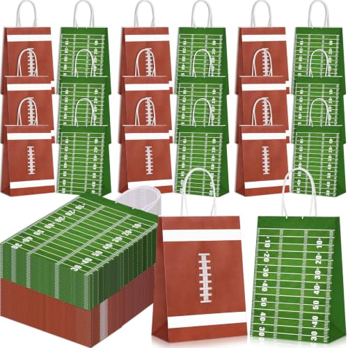 Sabary 100 Pcs Football Party Favors Bags with Handles Sport Treat Candy Gift Bags for Sport Bowl Birthday Party Themed Decorations (Brown and Green Football)