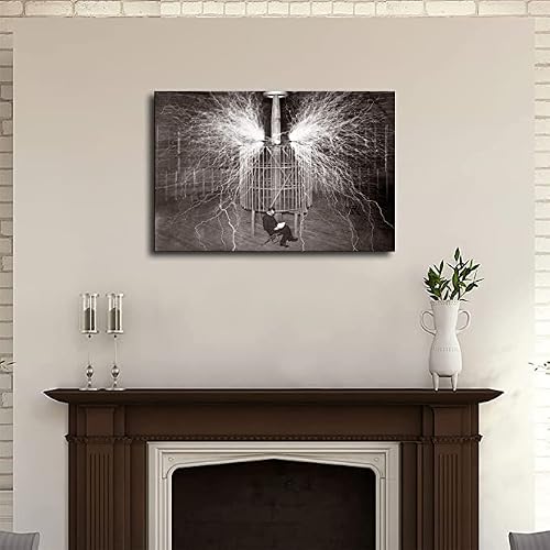 Nikola Tesla's Lightning Equipment Poster Canvas Print Wall Art Modern Classroom Kitchen Bedroom Room Aesthetics Decoration Boys Women Gift Unframed And Framed (20X30Inch-Framed) #TOP2