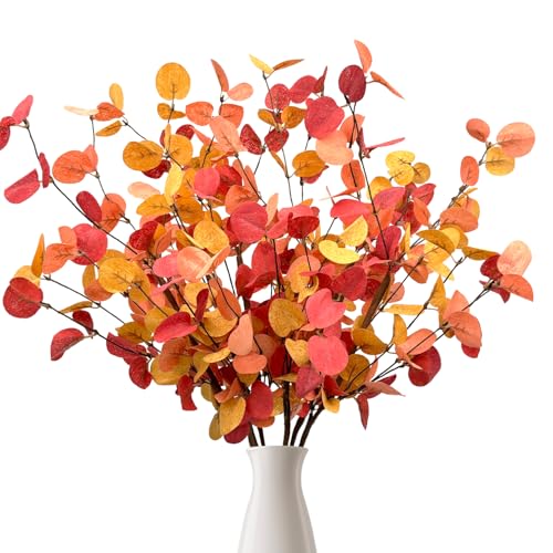 Fall Eucalyptus Stems 6 PCS, Faux Artificial Flowers with Leaves Branches for Vase Filler Table Centerpieces, Autumn Fake Foliage Arrangements Farmhouse Decorations for Kitchen, Living Room, Bedroom
