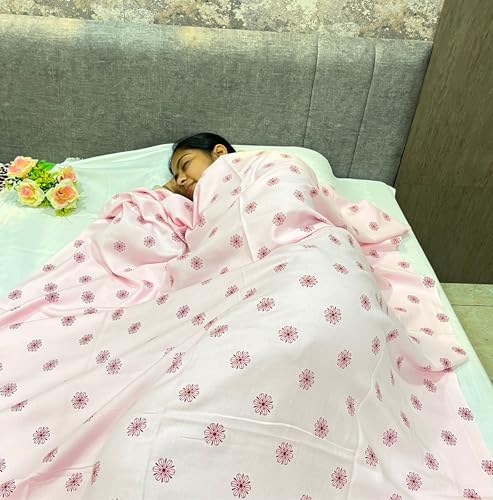 Image of 100% Cotton Soft Beautiful Printed Pure Handloom Single Bed Size Skin Friendly Summer AC Blanket /Khes /Dohar /Top Sheet Set /Chadar /Multi Purpose Use (Printed Pink)
