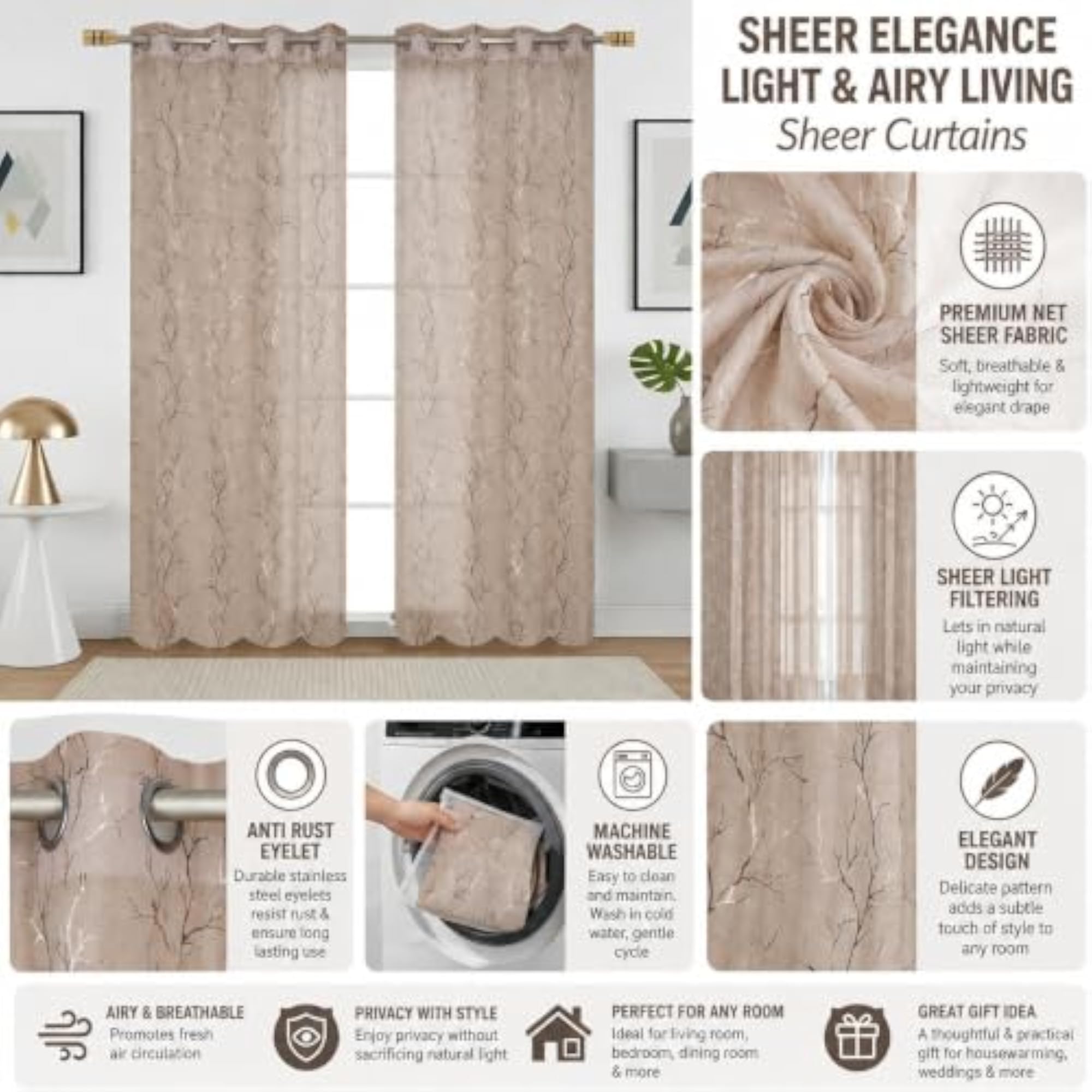 Premium Sheer Net Curtains with Foil Tree Design, Pack of 2