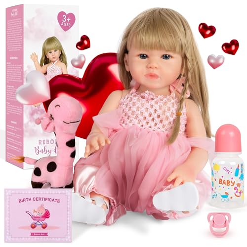 DIDOU 18 Inch Reborn Baby Dolls Set of 1 Blond Girl - Soft Full Vinyl Real Life Baby Dolls with Baby Doll Accessories, Clothes, Bottle, Pacifier, Birth Certificate, Toy \u2013 Realistic Favors for Kids