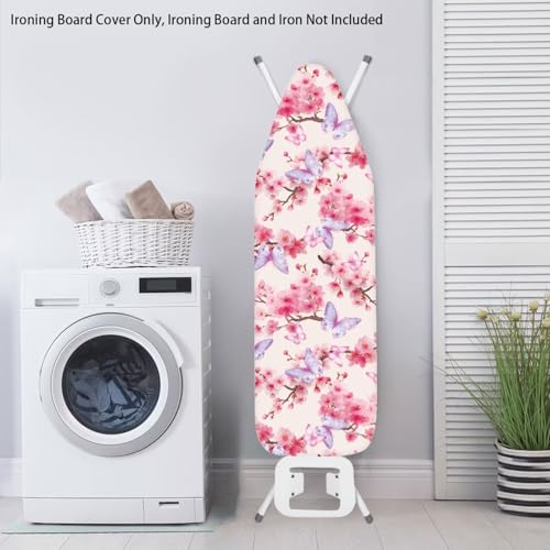 Image of Butterfly Cherry Blossoms Pattern Ironing Board Cover 15x54 Inch Standard Ironing Board Cover with Elastic Edge and Hook and Loop Fasteners Stain Resistant