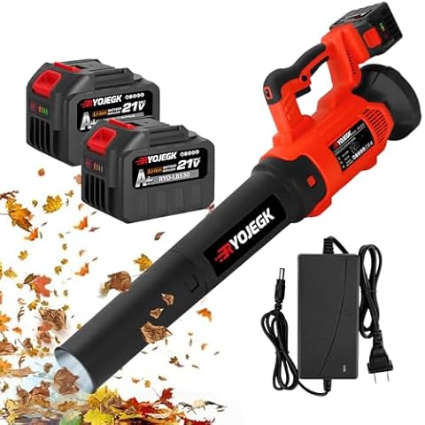 RYOJEGK 21V Power Leaf Blowers Cordless,2×6.0Ah Battery 530CFM Bushless Blower with 6 Gear Variable-Speed Snow Blower,Soplador de Hojas for Patio Cleaning,Lawn Care,Blowing Leaves & Dust,Snow Removal Cover