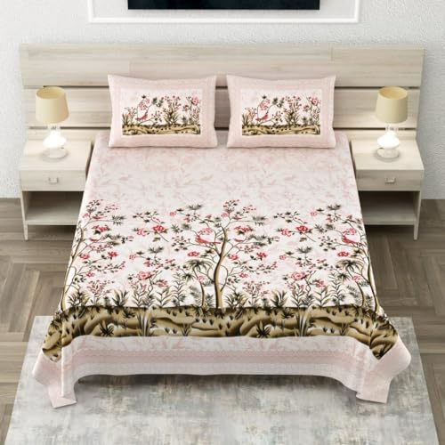 Image of 240 TC 100% Cotton Bedsheet for Double Bed King Size with 2 Pillow Covers | Breathable & Super Soft Rajasthani Sanganeri Jaipuri Printed Bed Sheet -108 * 108 Inches (Spring 2)