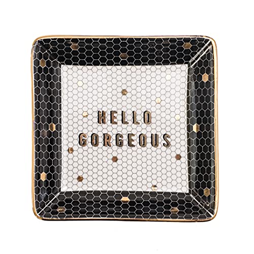 Hello Gorgeous Tile Jewelry Dish | Square Ceramic Trinket Tray | Gold Office Decor | Inspirational Ring Storage for Home | Hand Lettered | Engagement Gift (Hello Gorgeous)