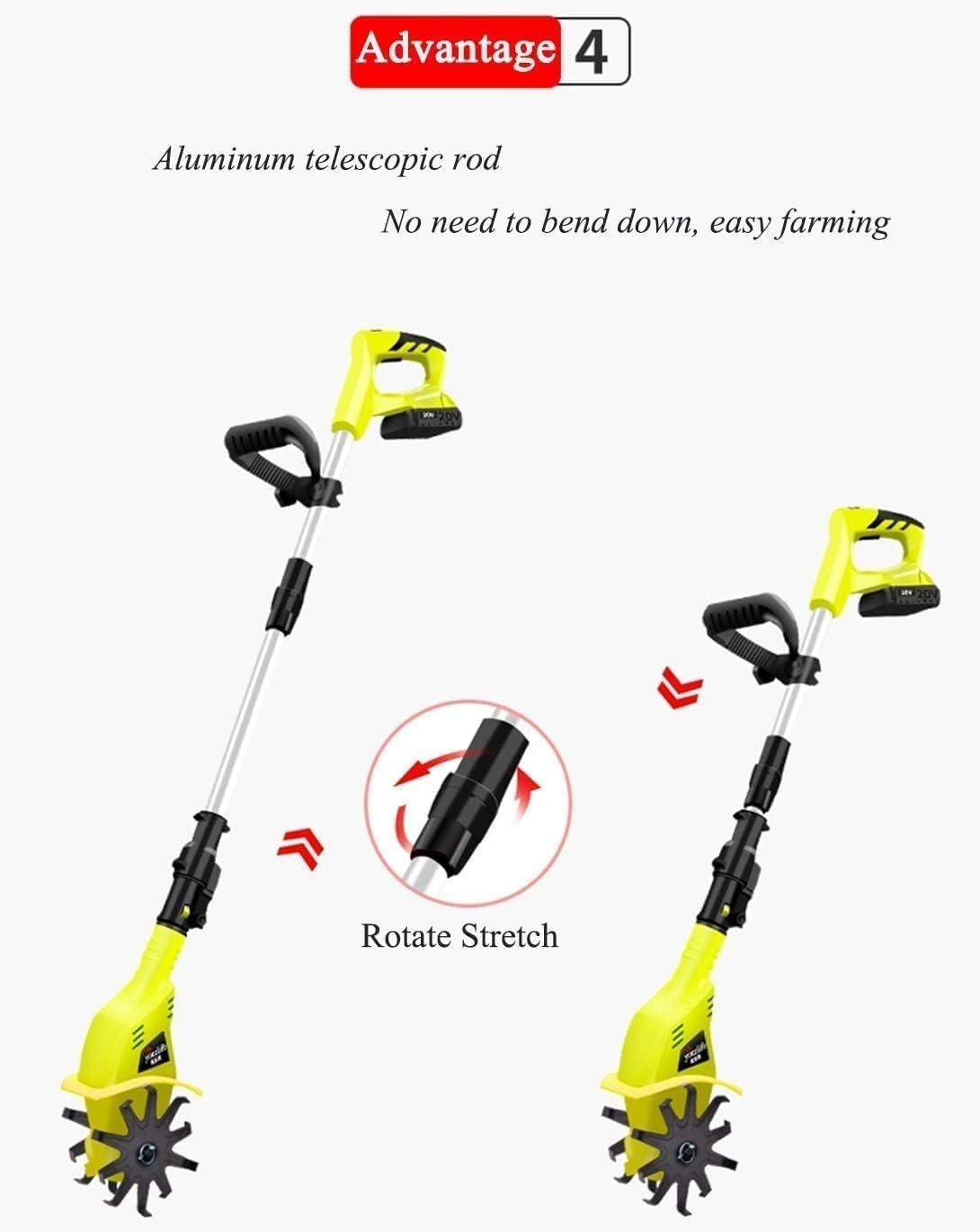 Motoazada para jardín, Rotavator Motoazada a batería con batería de Litio, Ancho de Trabajo 10 cm, Profundidad 25 cm, con batería de Litio de 2,0 Ah y Cargador rápido para huertos