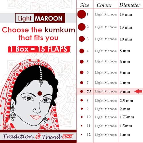 Image of PERPAA Kumkum Velvet Round Sticker Bindi Box of 15 Flaps for Ladies Women Forehead Bindi (Stick On) (Size 7.5, Diameter 3mm, Light Maroon)