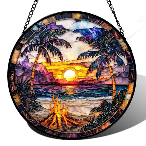 Image of DASTOLL Stained Glass Window Hanging,Bonfire Beach Landscape Suncatcher Diamond Glass Panel Sun Catchers Decor for Birthday for Women, Men, Wife, Aunt, and Mom 14.9x14.9 in