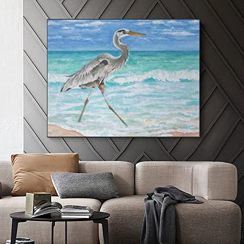 Heron Beach Bird Watercolor Painting Seaside Coastal Wall Art Canvas Art Poster Wall Art Picture Print Modern Family Bedroom Decor 24X32Inch(60X80Cm) Frame-Style #TOP2