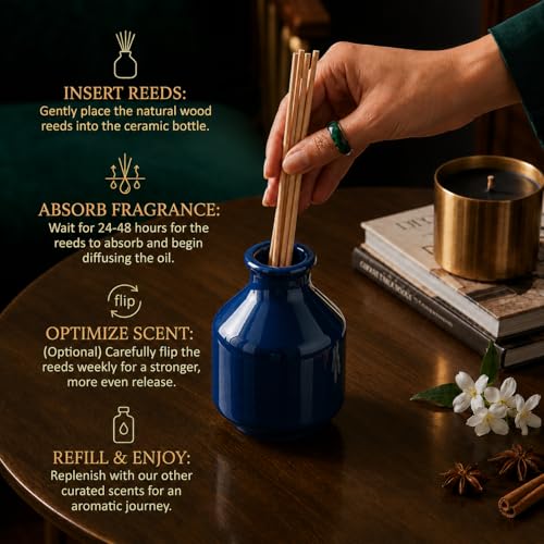 Image of Pure Source India Elegant Ceramic Reed Diffuser Pot - Decorative Aroma Diffuser Vase for Living Rooms, bedrooms, bathrooms, Offices, and entryways (Blue)