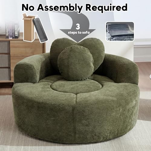 Image of Oversized Round Chair Lounge Chaise Indoor, 54.3 inch Upholstered Corduroy Deep Seat Single Cloud Sofa Chair with Heart-Shaped Pillow Modern Large Circle Boneless Couch for Living Room, Green