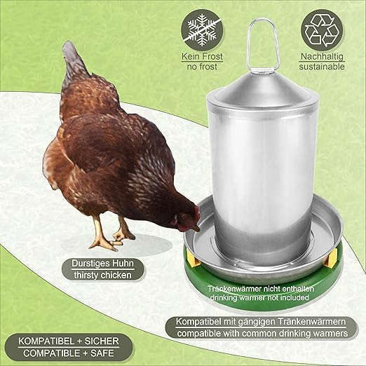 Suinga Abbeveratoio per polli 2L, in acciaio inox, antiruggine, senza BPA, senza bordi pericolosi, erogatore d'acqua per polli, 24x19 cm
