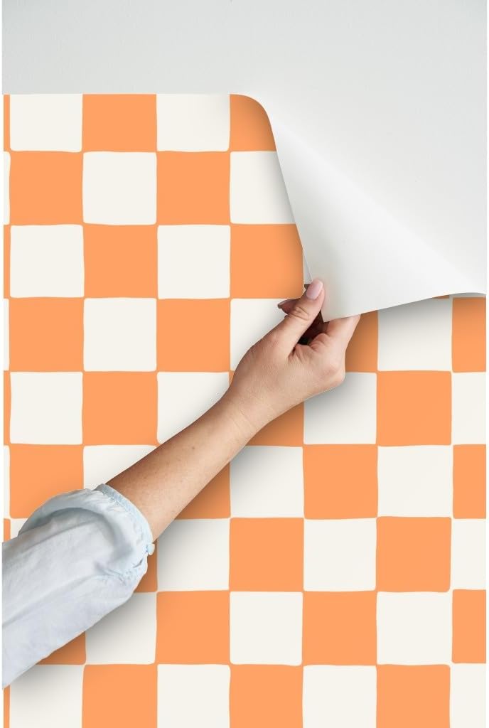 Peel & Stick Wallpaper Swatch - Retro Checkerboard Orange Summer Checkered Apricot Custom Removable Wallpaper by Spoonflower