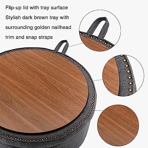 Foredo 28 Inch Round Storage Ottoman, Large Upholstered Tufted Storage Ottoman With Solid Wood Legs, Linen Fabric Round Ottoman With Removable Lid, Dark Gray #TOP4