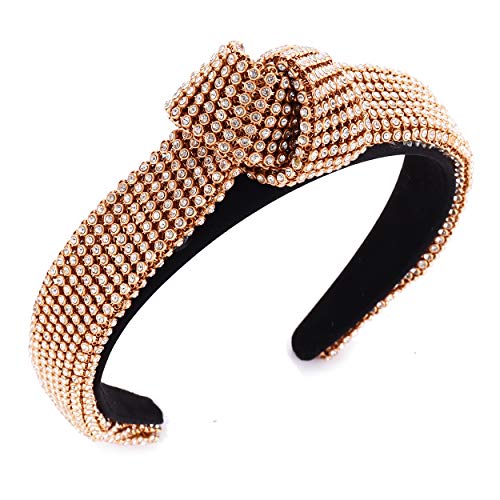 Rhinestone Headband for Women Knotted Bejewelled Elastic Headband Crystal Embellished Hair Accessories Hairband for Girls (Gold)