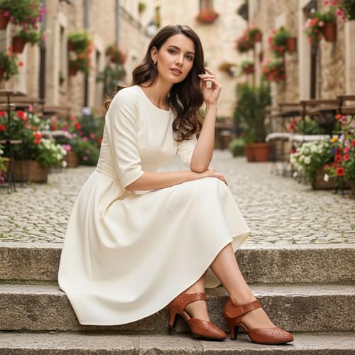 Image of Women's Comfortable Mary Jane Pumps Vintage Cutout Closed Toe Kitten Heels for Dressy Office Work