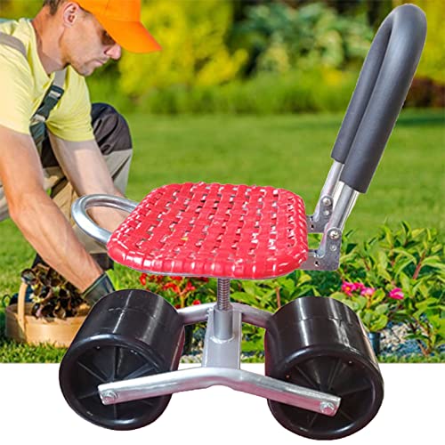 Banco de jardinería plegable con ruedas, taburete de jardín rodante para trabajo al aire libre, patio orientable y asiento de césped (rojo, diseño de 2 ruedas)