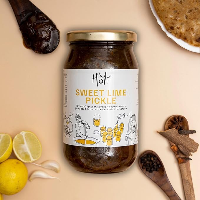 Image of HoYi Sweet Lime Pickle | Khatta Meetha Nimbu Ka Achar | No Added Refined Sugar | Handmade Authentic Indian Pickle - Sun-Ripened Citrus - Packed in Glass Jar - Natural Taste from Uttarakhand (500gms)