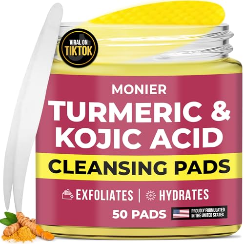 Turmeric Kojic Acid Cleansing Pads for Face Dark Spots - Hydrates & Plumps Skin - With Vitamin C & E - Sensitive Skin Friendly (50 Pads)