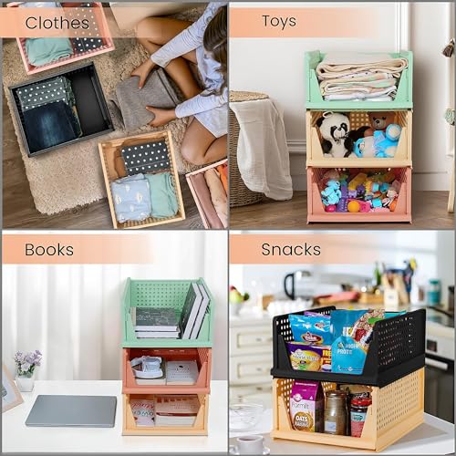 Image of Heart Home Pack of 6 Storage Organizer | Foldable Shirt Stacker Box for Almirah | Wardrobe Organizer | Cloth Organizer | Closet Storage Basket | Large | Light Pink & Pista Green