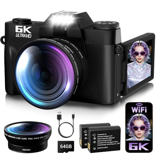 6K Digital Camera for Photography Autofocus, 2026 Upgraded 64MP WiFi Vlogging Camera for YouTube with 3' 180° Flip Screen 16X Zoom, 64GB SD Card & 2 Batteries Compact Travel Camera for Beginners Teens