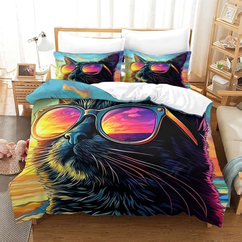 Housse de Couette 220x240cm Chat Cool Imprimé Pop avec 2 Taies - 3