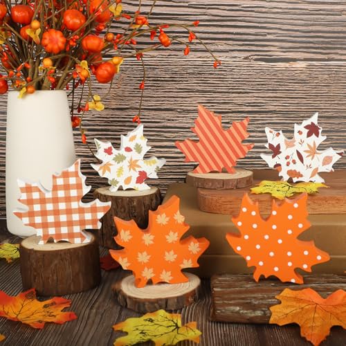 COCHIE Wooden Fall Leaves Decorations for Home Office Indoor, Farmhouse Thanksgiving Table Tiered Tray Decor Set of 6, Vintage Fall Harvest Maple Leaf Block Signs Tabletop Shelf Decoration (Pattern)