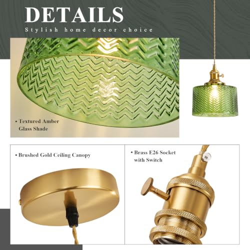 Image of Green Pendant Light for Kitchen Island, Modern Gold Hanging Light Fixture with Ribbed Glass Shade Adjustable Mini Chandelier Pendant Lighting for Dining Room Bedroom Foyer entryway 1 Pack