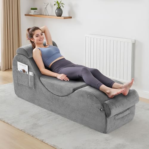 Yoga Chairs for Adults, Ergonomic Chaise Lounge Chair Indoor with Side Pocket, Lumbar Pillow, Ottoman, Yoga Chair Perfect for Stretching, Relaxation, Exercise, Used in Bedroom, Living Room（Grey）