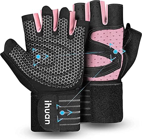ihuan Belüftete Fitness Handschuhe mit Handgelenkband-Unterstützung für Herren und Frauen | Schwarze Trainingshandschuhe | kompletter Handflächenschutz für Gewichtheben, Training