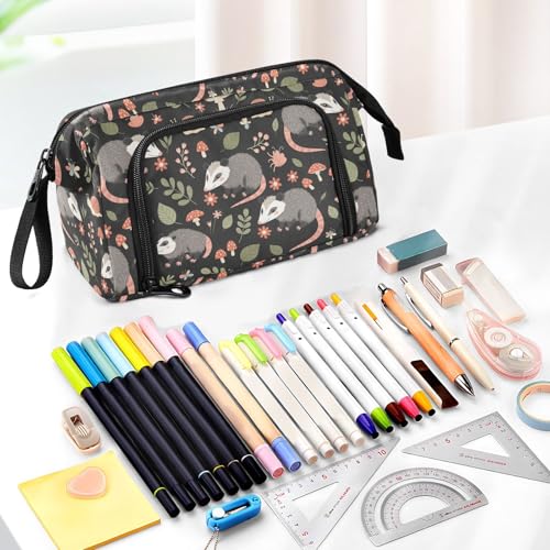 Image of Opossum Mushroom Black Print Pencil Case Pouch Big Capacity Pencil Bag Box Organizer Pen Case with Compartmens Stationery Organizer for Girls Boys Women School College Office