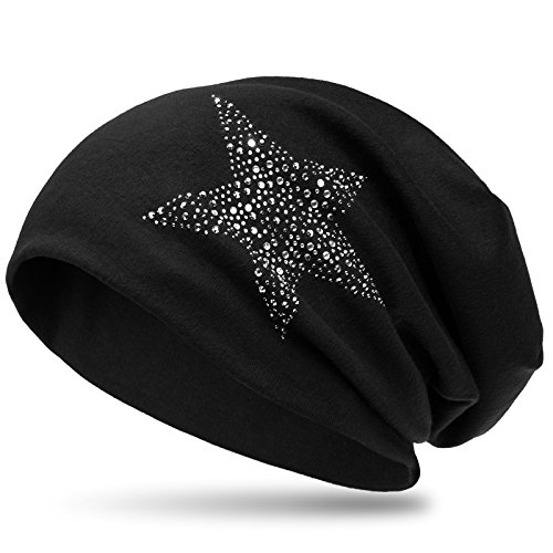 Caspar MU153 Slouch Beanie Mütze Longbeanie mit Strass Stern und warmem Flanell Stoff, Farbe:schwarz, Größe:One Size