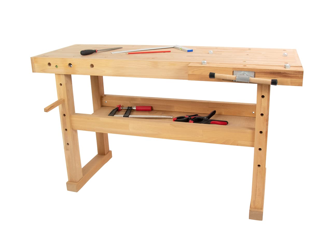 HEMMDAL Hobelbank | 400 kg Tragkraft | HxBxT 83 x 140 x 50 cm | 1 Schraubstock | aus Buchenholz | massiver Arbeitstisch mit Kufenfüßen | schmutzresistente Öl-Versiegelung | Werktisch | Werkbank